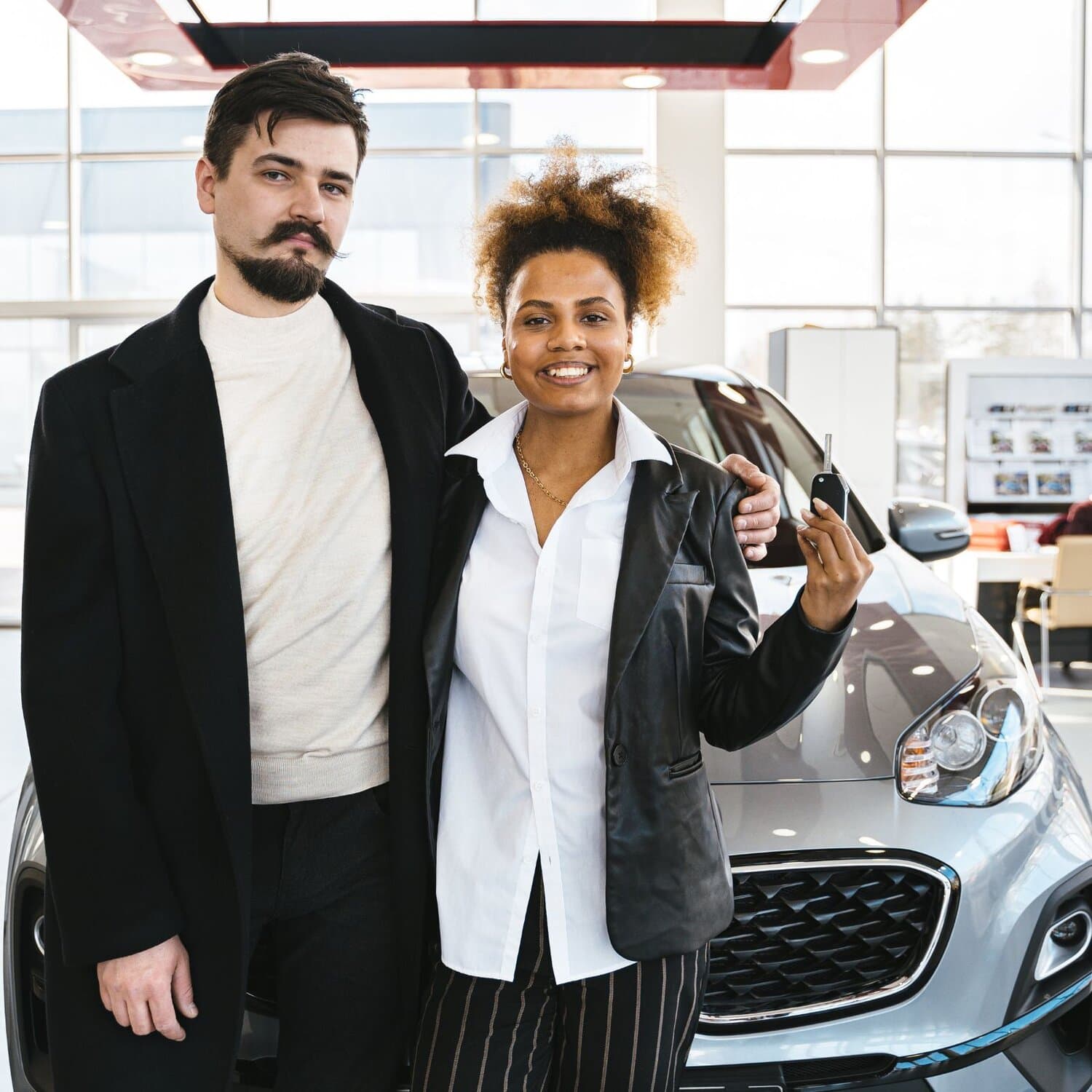A couple test driving a car at a car dealership